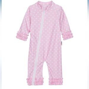 SwimZip Sunsuit - Long Sleeve Romper Swimsuit | "Sassy Surfer" Pink Polka Dot